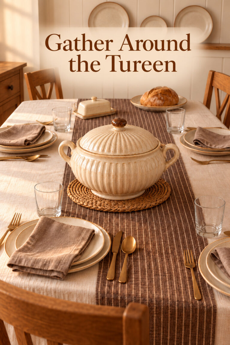 Gather Around the Tureen headline above cream pottery and neutral Thanksgiving table settings