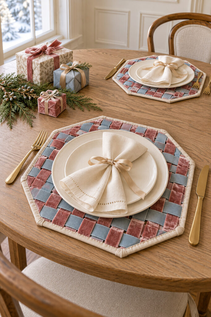 Rose and blue ribbon woven octagonal chargers beneath ivory plates and tied napkins on an oak Christmas table
