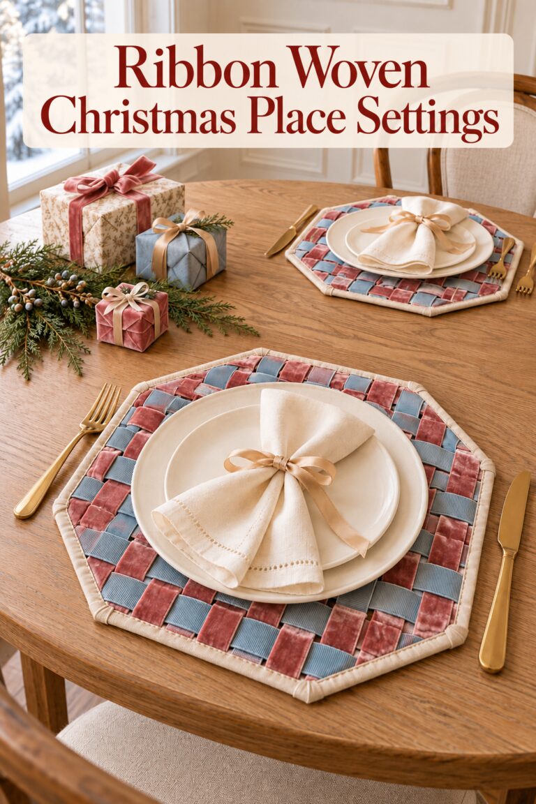Ribbon woven Christmas place settings headline above rose and powder blue mats with ivory plates and champagne napkin ties