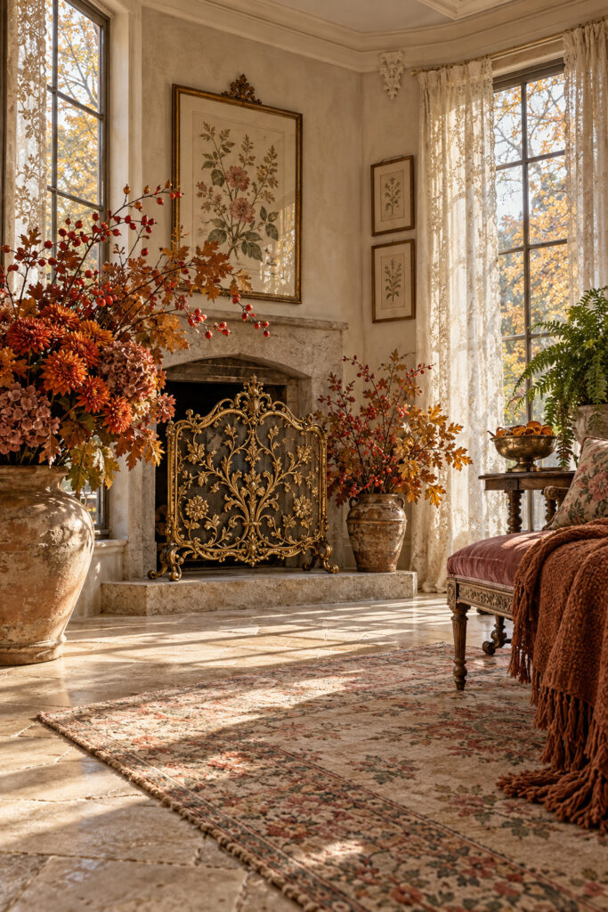 Gold botanical firescreen between autumn flower arrangements with rose hip branches beside a rose chair and rust throw