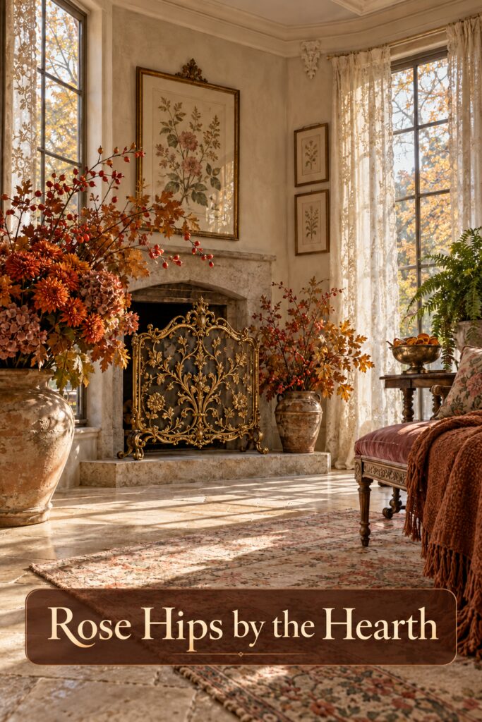 Rose Hips by the Hearth headline over gold botanical firescreen between autumn flower arrangements with rose hip branches beside a rose chair and rust throw