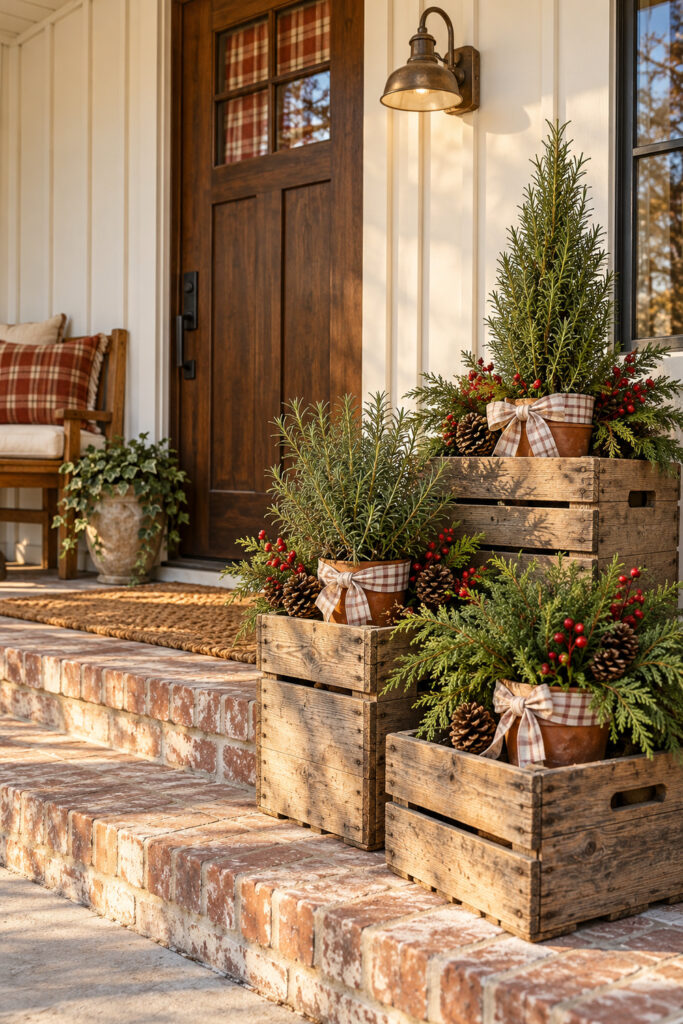 Rosemary and cedar in terracotta pots with cranberry accents pinecones and check bows inside wooden crates beside a farmhouse door