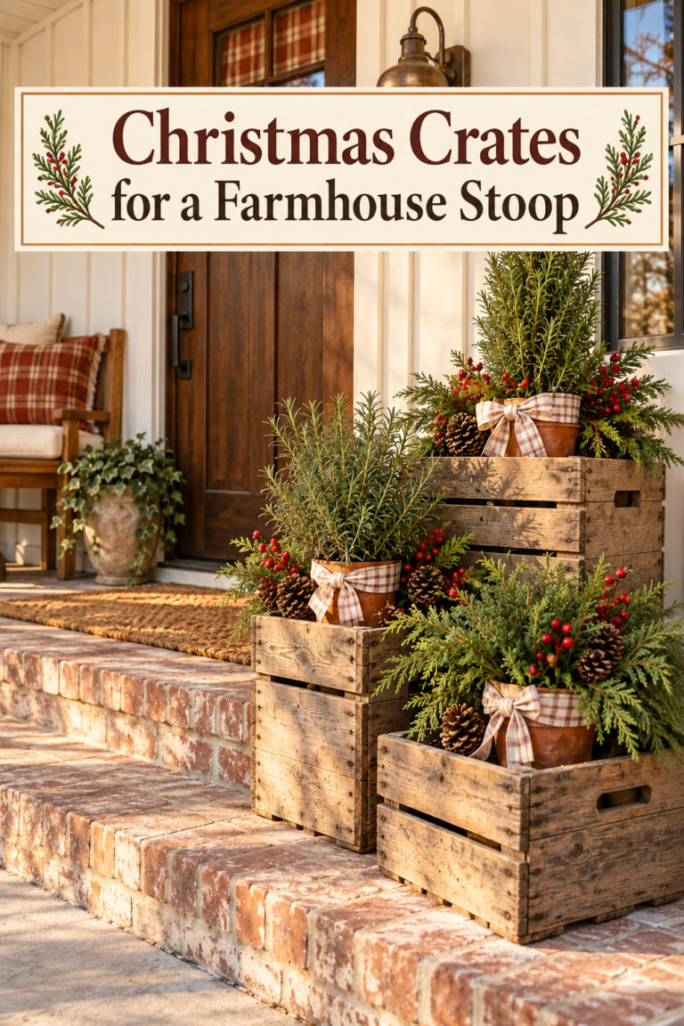 Rosemary and cedar in terracotta pots with cranberry accents pinecones and check bows inside wooden crates beside a farmhouse door with text reading Christmas Crates for a Farmhouse Stoop