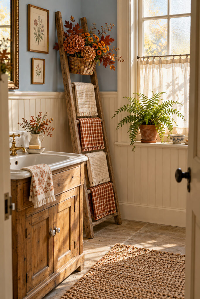 Wooden towel ladder with cream and rust towels and a basket of autumn hydrangeas in a farmhouse bathroom