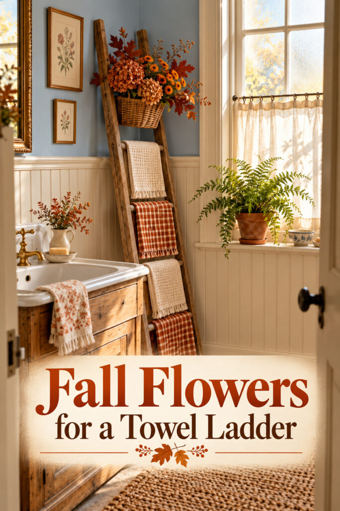 Wooden towel ladder with cream and rust towels and a basket of autumn hydrangeas in a farmhouse bathroom with the words Fall Flowers for a Towel Ladder