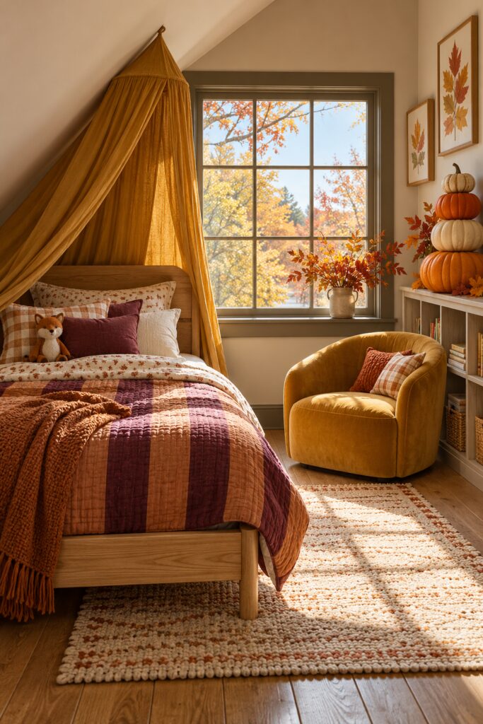 Fall bedroom with a saffron canopy oak bed plum and cinnamon striped quilt mustard chair and pumpkins beside a bright window