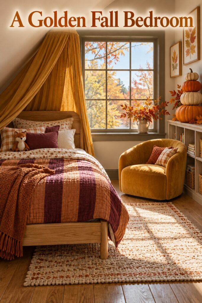 A Golden Fall Bedroom headline over a saffron canopy striped quilt oak bed and mustard chair beside an autumn window
