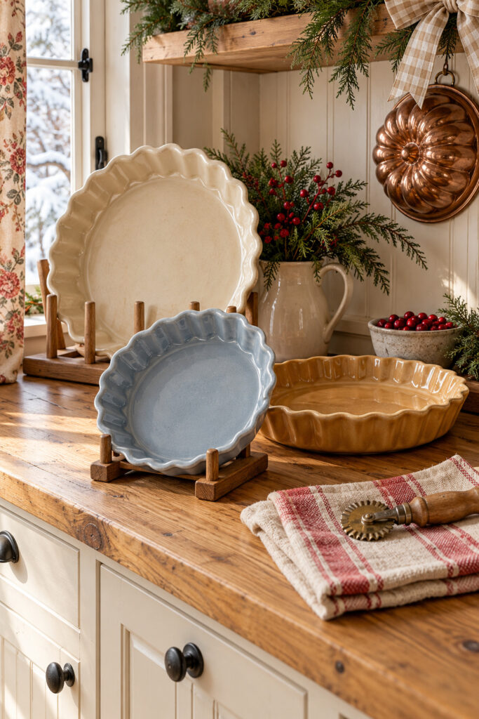 Cream blue and honey glazed scalloped pie dishes on a farmhouse Christmas shelf with cedar and checked linen