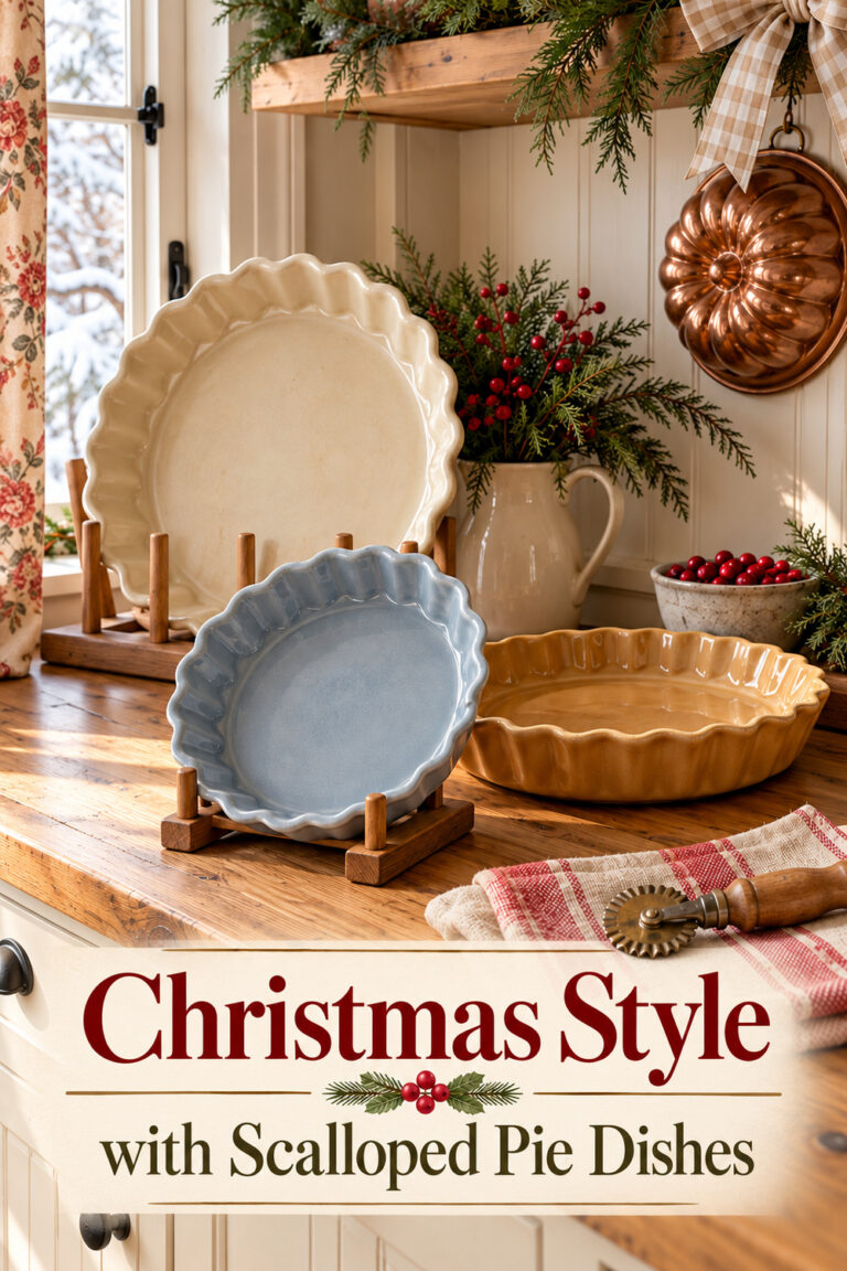 Cream blue and honey glazed scalloped pie dishes on a farmhouse Christmas shelf with cedar and checked linen with the words Christmas Style with Scalloped Pie Dishes