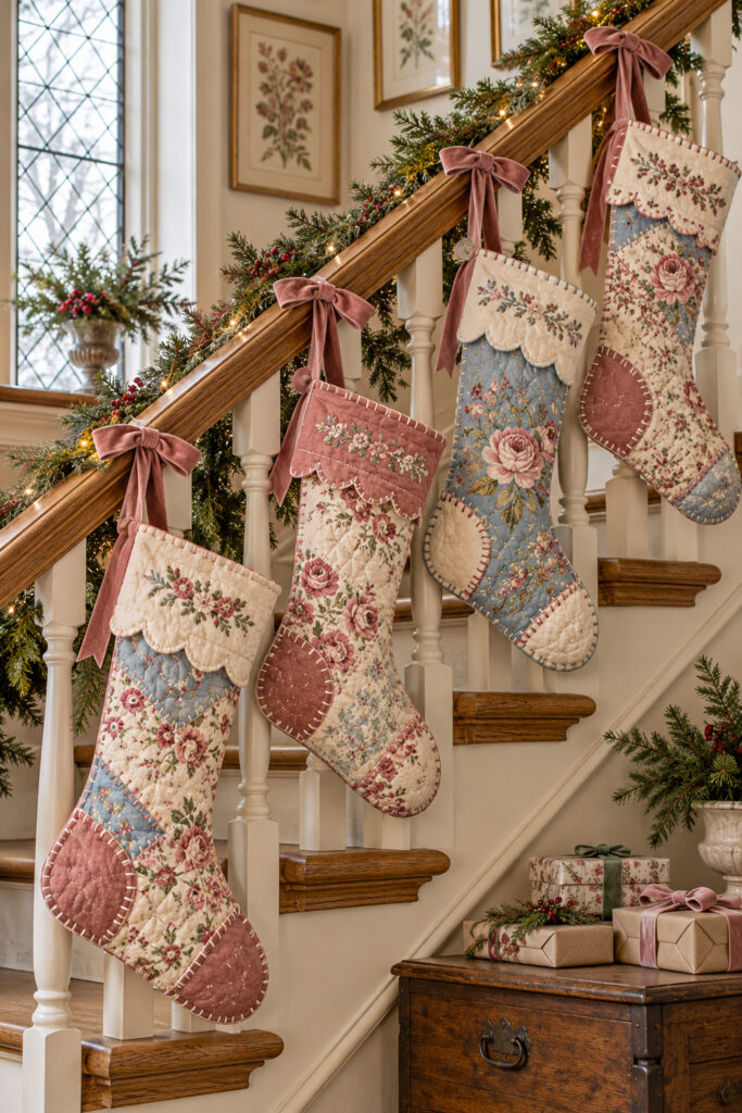 Four floral patchwork Christmas stockings with scalloped cuffs and rose bows hanging along an oak staircase