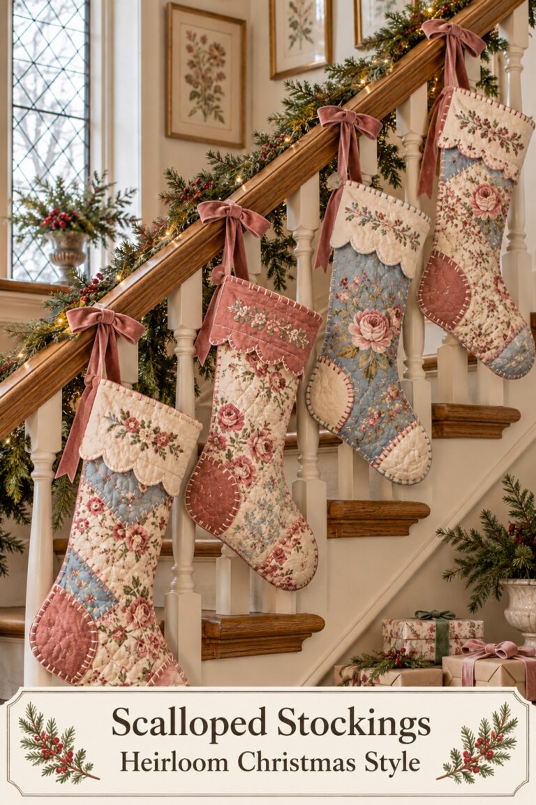Four floral patchwork Christmas stockings with scalloped cuffs and rose bows hanging along an oak staircase with text Scalloped Stockings Heirloom Christmas Style