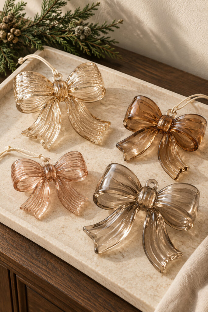 Four sculptural glass bow ornaments in champagne blush caramel and smoky tones on a pale Christmas tray