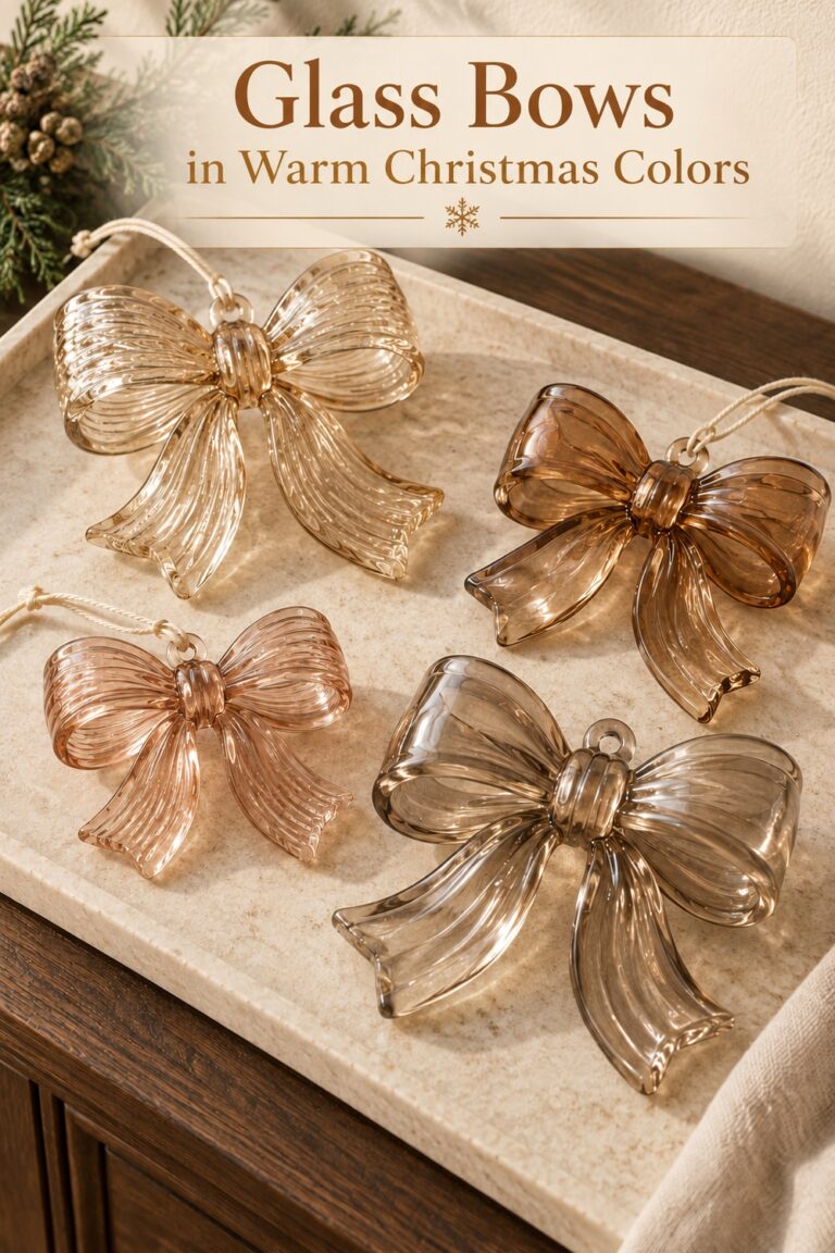 Four sculptural glass bow ornaments in champagne blush caramel and smoky tones on a pale Christmas tray with text Glass Bows in Warm Christmas Colors