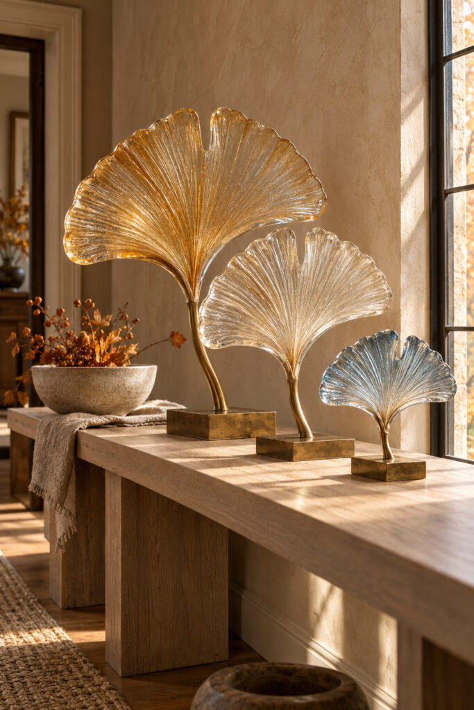 Three ribbed glass ginkgo leaf sculptures in honey champagne and blue on brass bases on an oak console