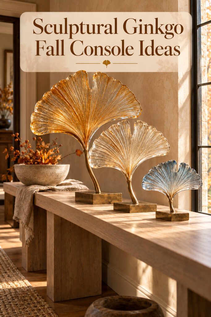 Three ribbed glass ginkgo leaf sculptures in honey champagne and blue on brass bases on an oak console with the words Sculptural Ginkgo Fall Console Ideas