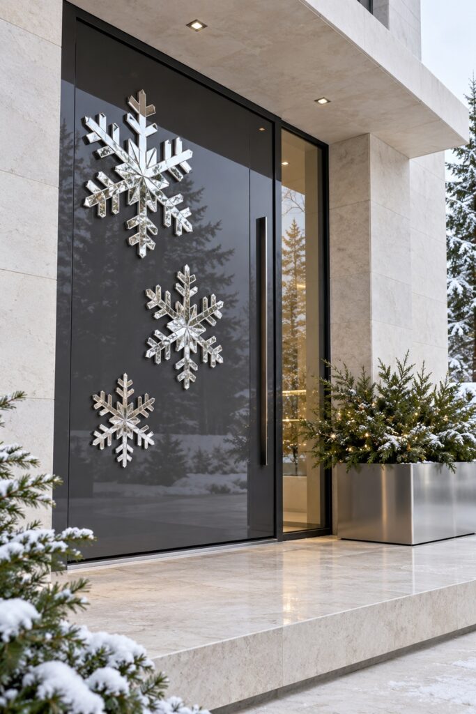 Three mirrored silver snowflakes on a charcoal front door beside a metal planter of evergreen branches