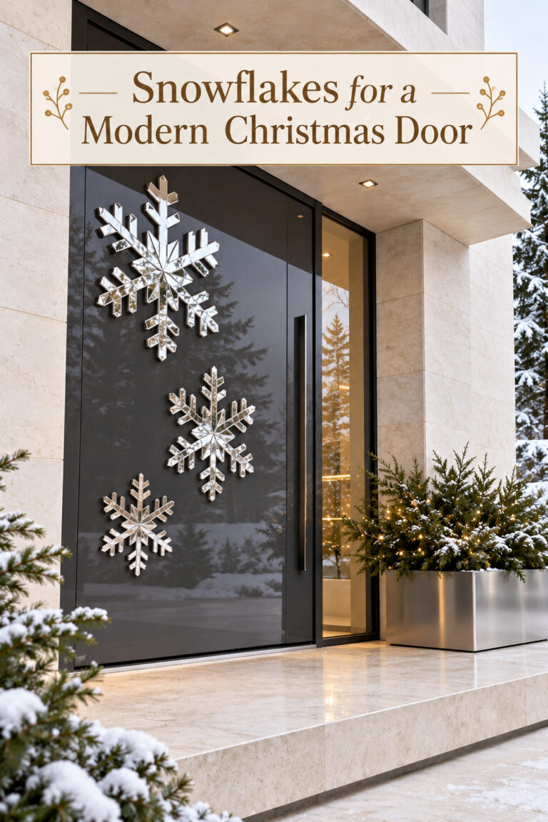 Silver snowflakes on a modern door with the words Snowflakes for a Modern Christmas Door
