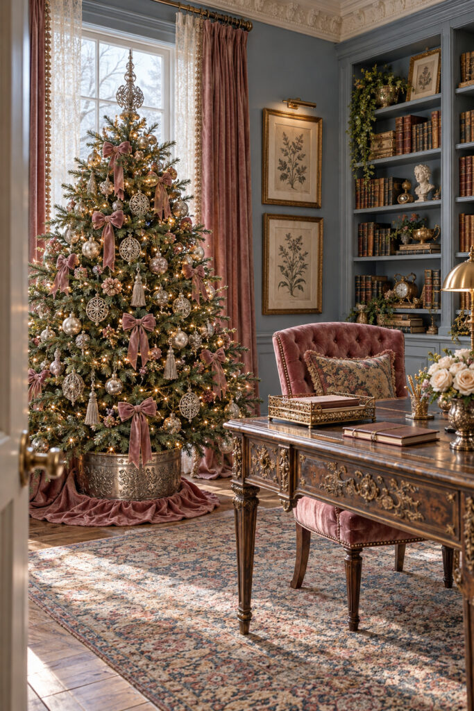 Office Christmas tree with silver tassels filigree ornaments pale baubles and rose velvet bows beside a carved desk