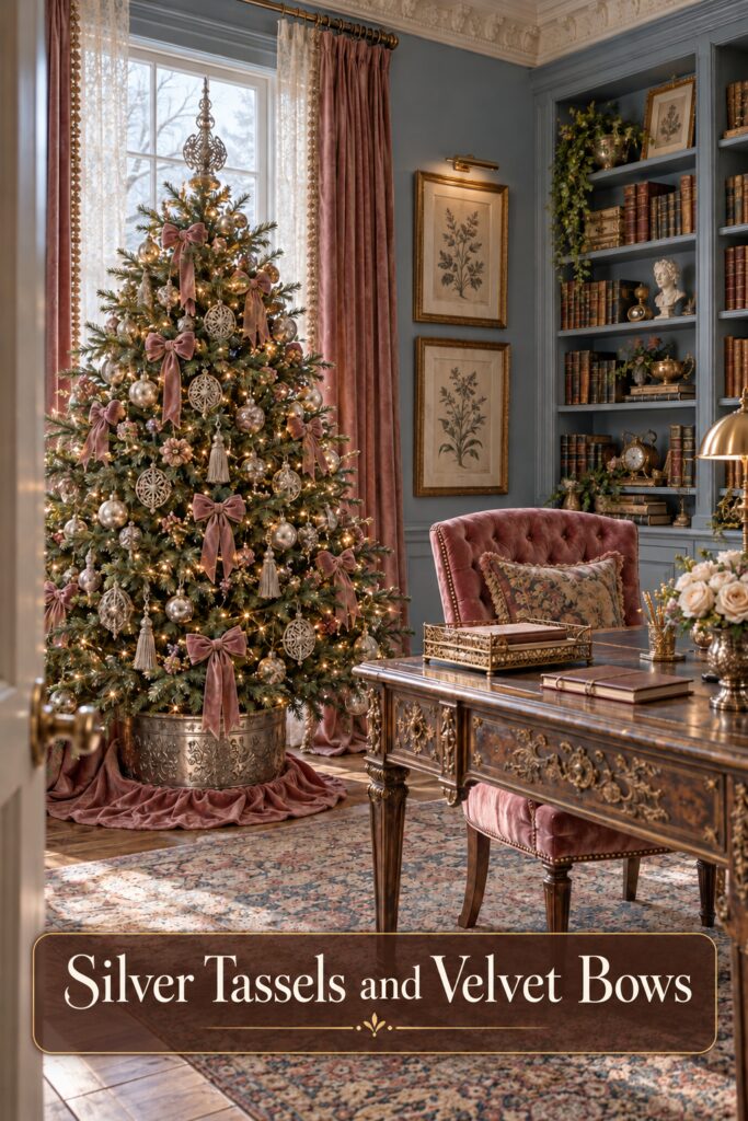 Silver Tassels and Velvet Bows headline over office Christmas tree with silver tassels filigree ornaments pale baubles and rose velvet bows beside a carved desk