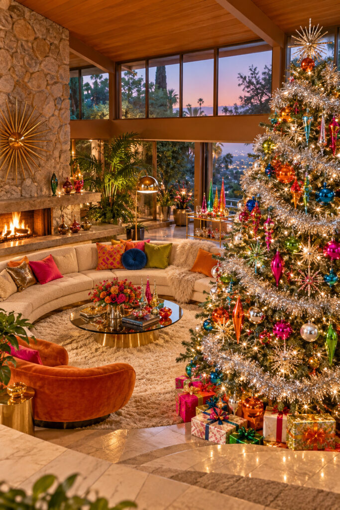 Green Christmas tree layered with silver tinsel warm lights and jewel color ornaments beside a cream curved sofa