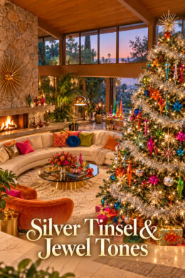 Silver Tinsel and Jewel Tones text over a Christmas living room with a sparkling tree and colorful wrapped gifts