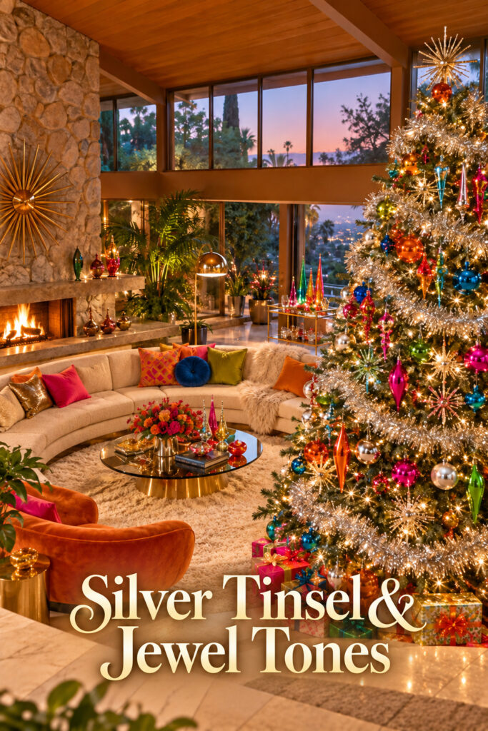 Silver Tinsel and Jewel Tones text over a Christmas living room with a sparkling tree and colorful wrapped gifts