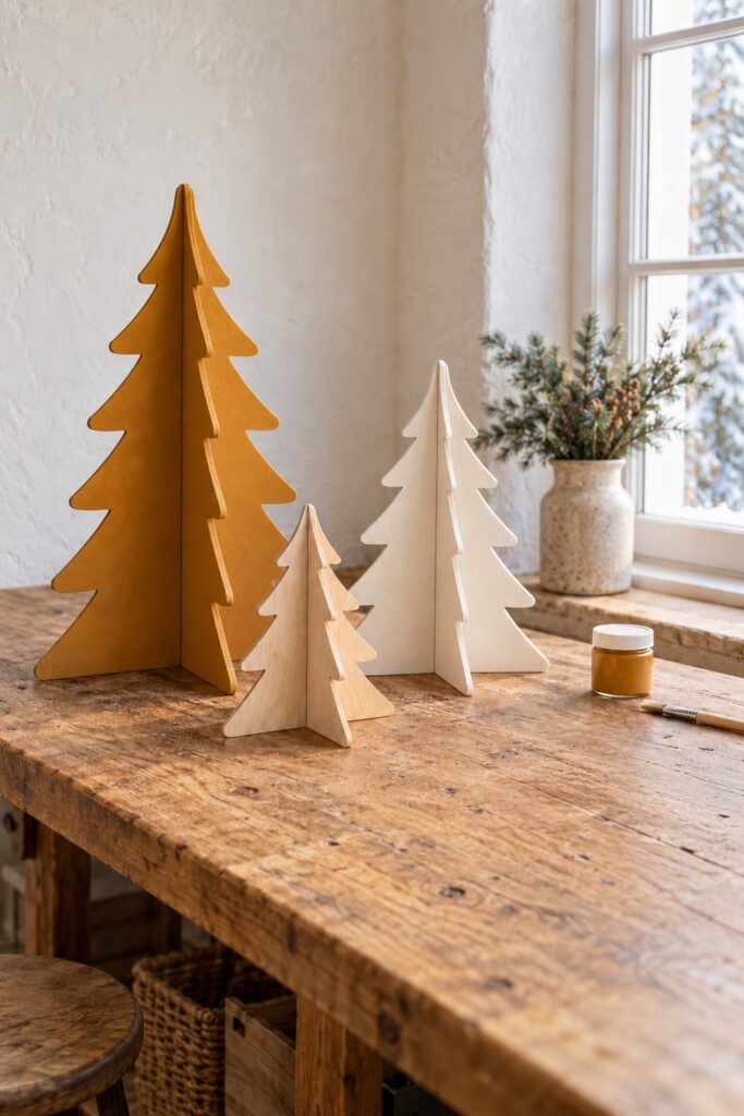 Three crossed plywood Christmas trees in matte amber ivory and natural wood stand on an oak workbench