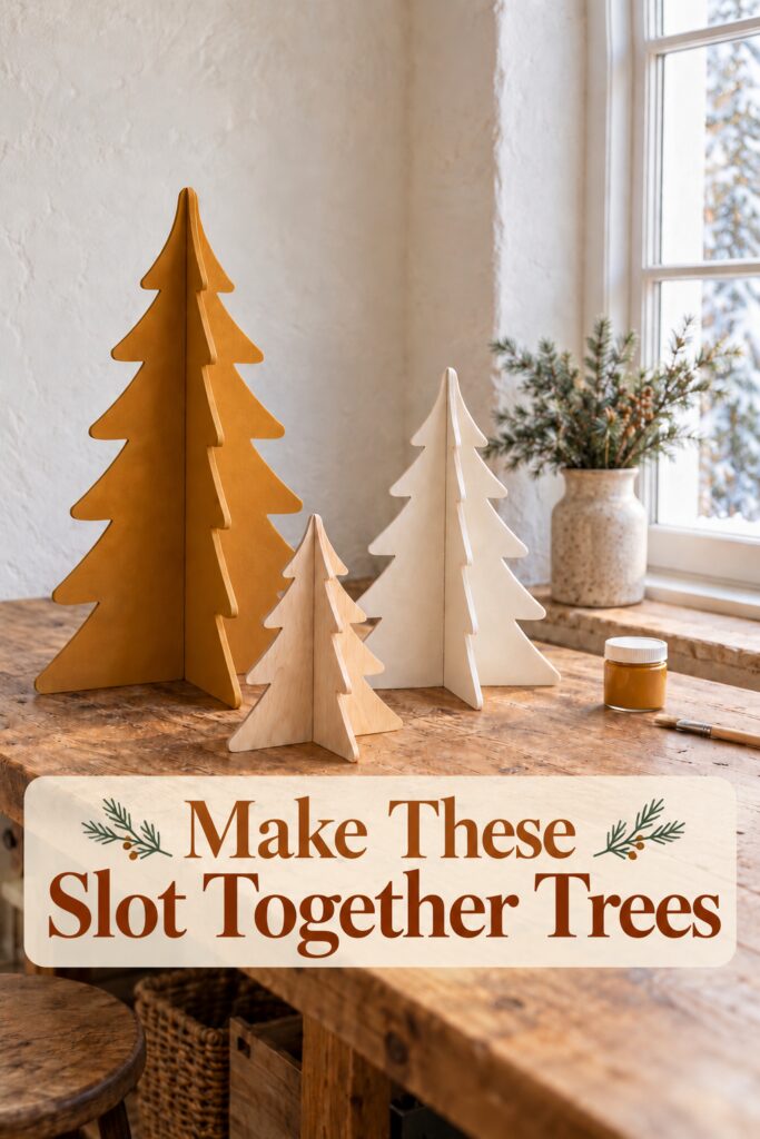 Handmade wooden Christmas trees with the words Make These Slot Together Trees