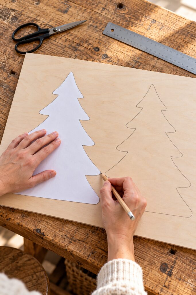 Hands trace a paper Christmas tree template beside a matching pencil outline on plywood