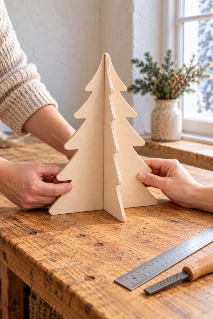 Hands check an unpainted crossed plywood tree with aligned tips and level lower edges