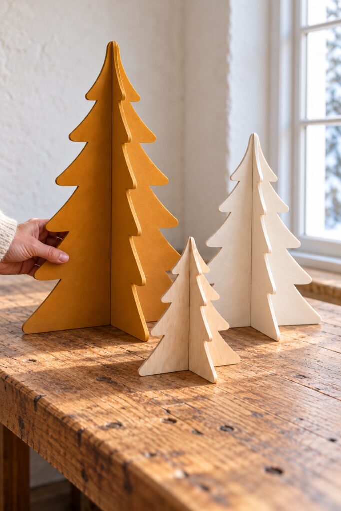 A hand steadies an amber crossed plywood tree beside ivory and natural wood companions