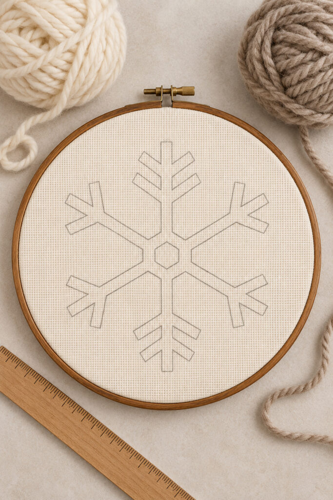 Six spoke snowflake outline drawn on monks cloth in a brown hoop beside ivory and oatmeal yarn