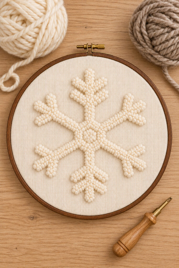 Ivory wool snowflake loops fill six arms in a hoop while the surrounding monks cloth remains unstitched