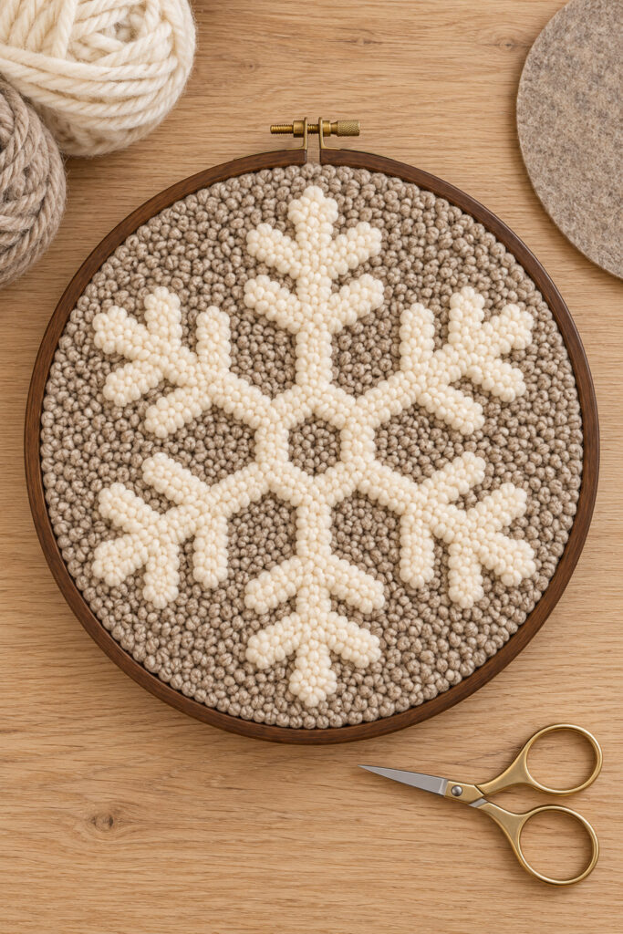 Completed ivory wool snowflake and oatmeal loop background fill a brown hoop beside scissors and felt backing