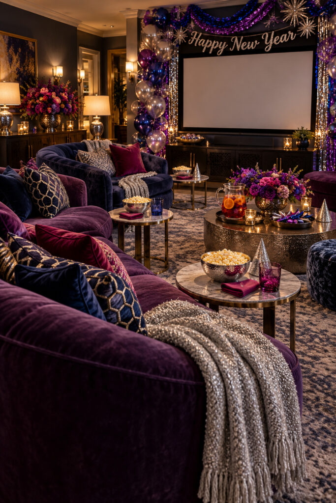 New Years movie lounge with purple and navy seating silver popcorn bowls and a decorated blank screen
