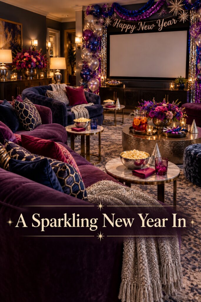 Jewel tone movie lounge with silver throws and A Sparkling New Year In text