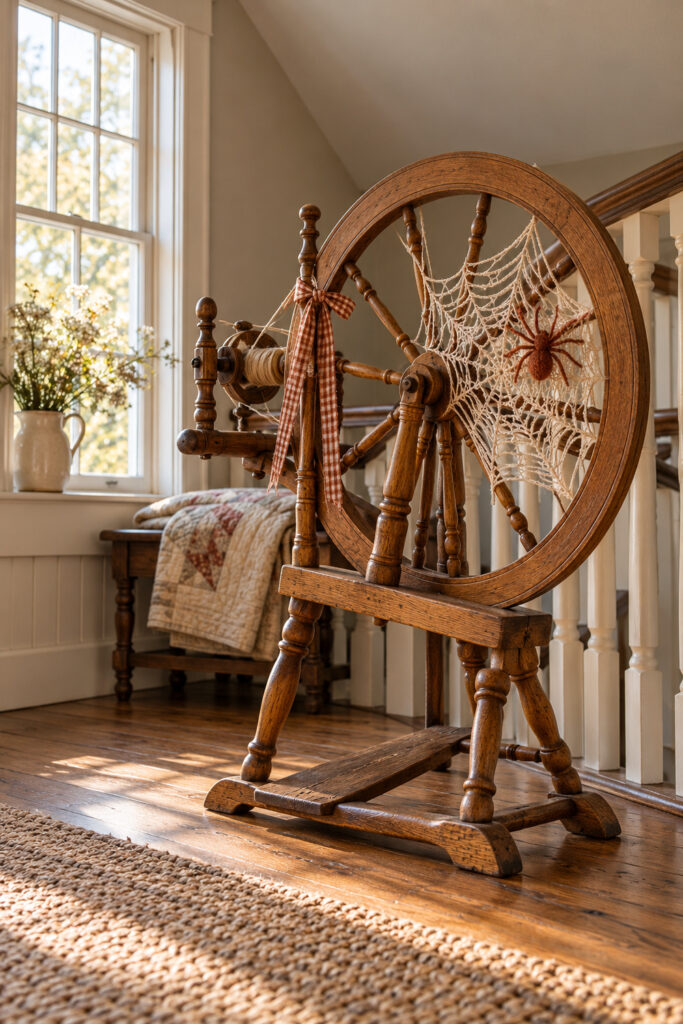 Antique wooden spinning wheel with an ivory lace spiderweb rust yarn spider and gingham bow beside a farmhouse staircase