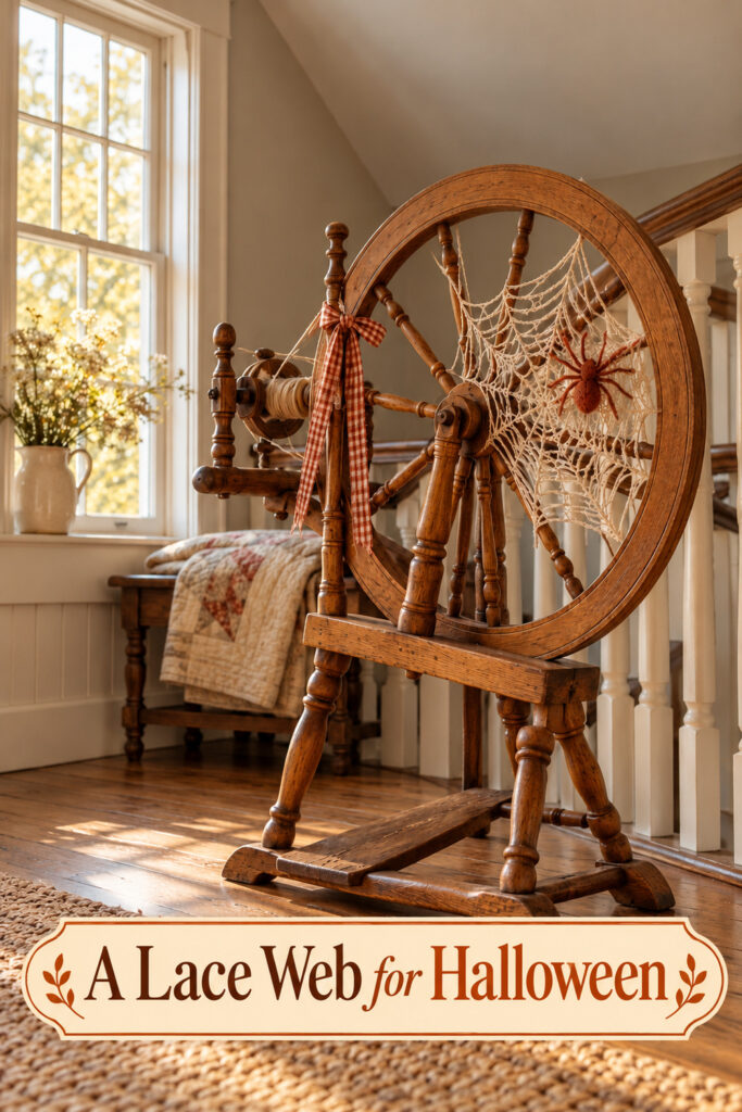 Lace web and rust spider on a wooden spinning wheel with the headline A Lace Web for Halloween