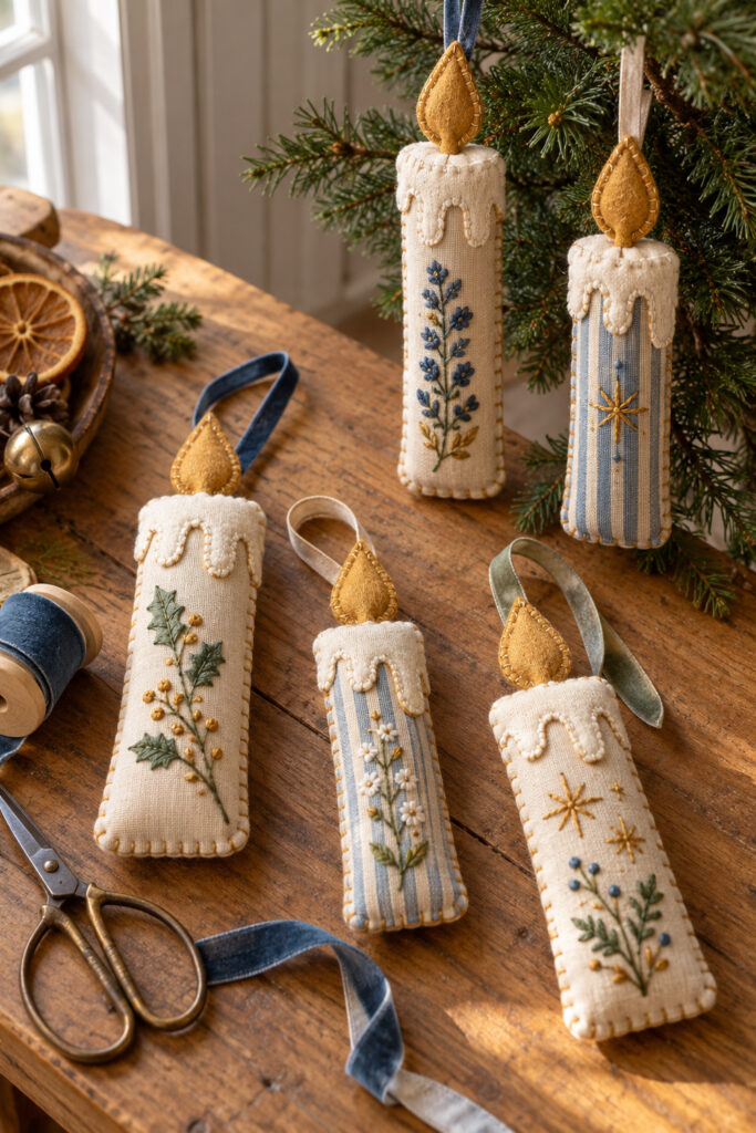 Cream and blue striped fabric candle ornaments with gold felt flames stitched sprigs and ribbon hanging loops