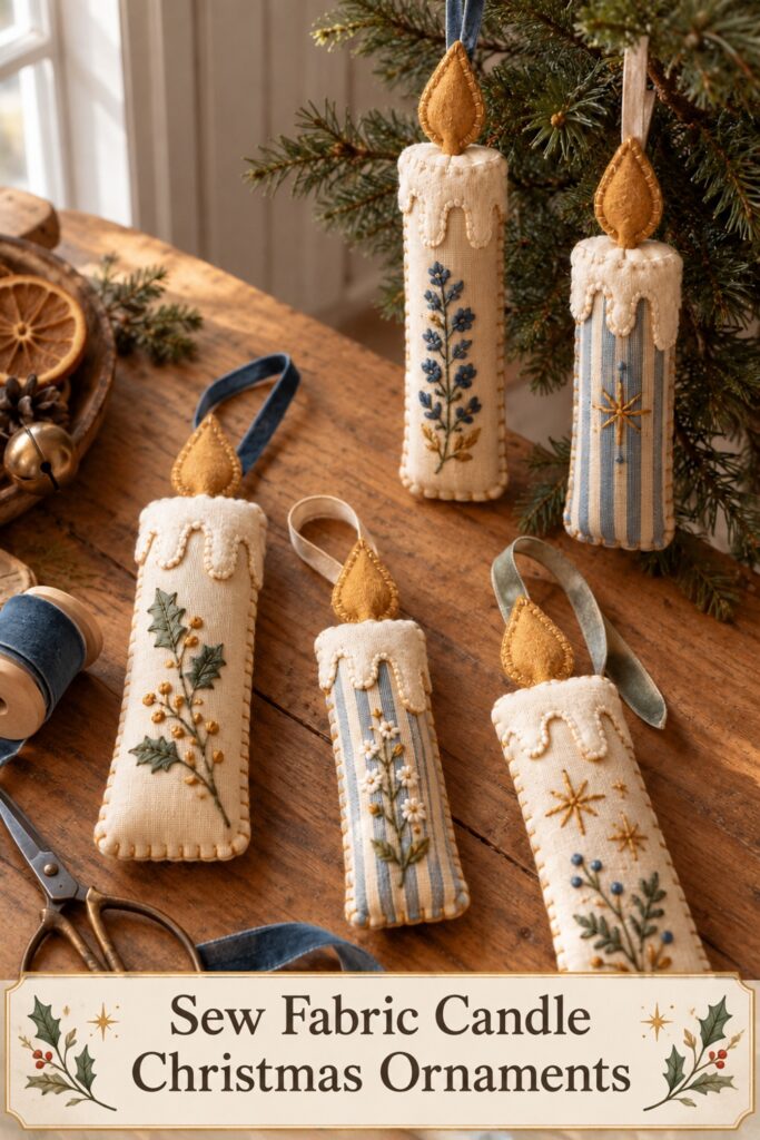 Cream and blue striped fabric candle ornaments with gold felt flames stitched sprigs and ribbon hanging loops with text Sew Fabric Candle Christmas Ornaments
