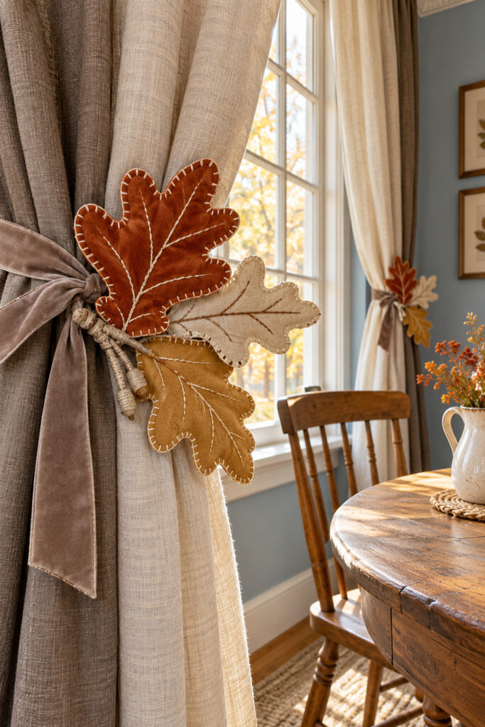 Rust oatmeal and ochre stitched oak leaves attached to a taupe ribbon tieback around a linen curtain in an autumn nook