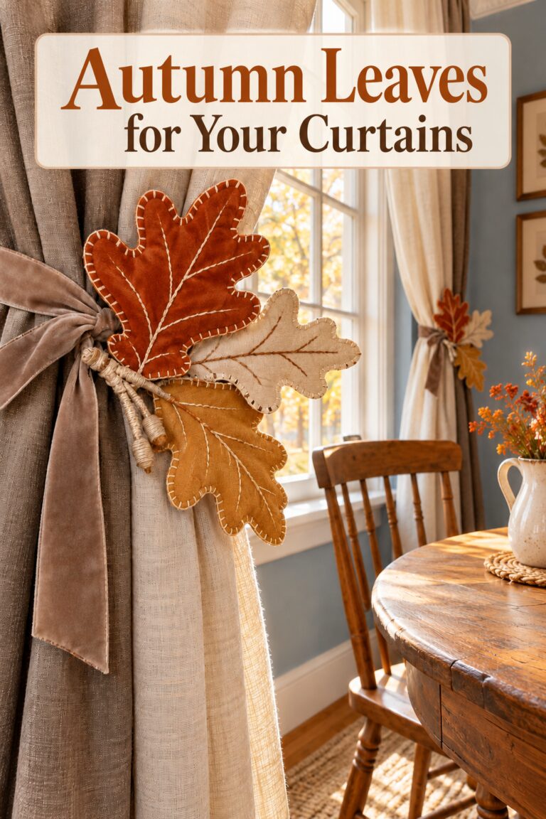 Autumn leaves for your curtains headline above three stitched fabric oak leaves on a gathered linen curtain
