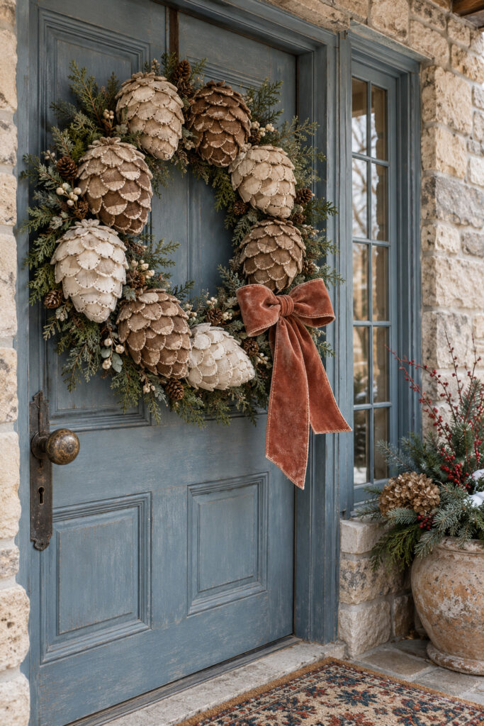 Layered fabric pinecone Christmas wreath with evergreen sprigs and a terracotta bow on a faded blue door