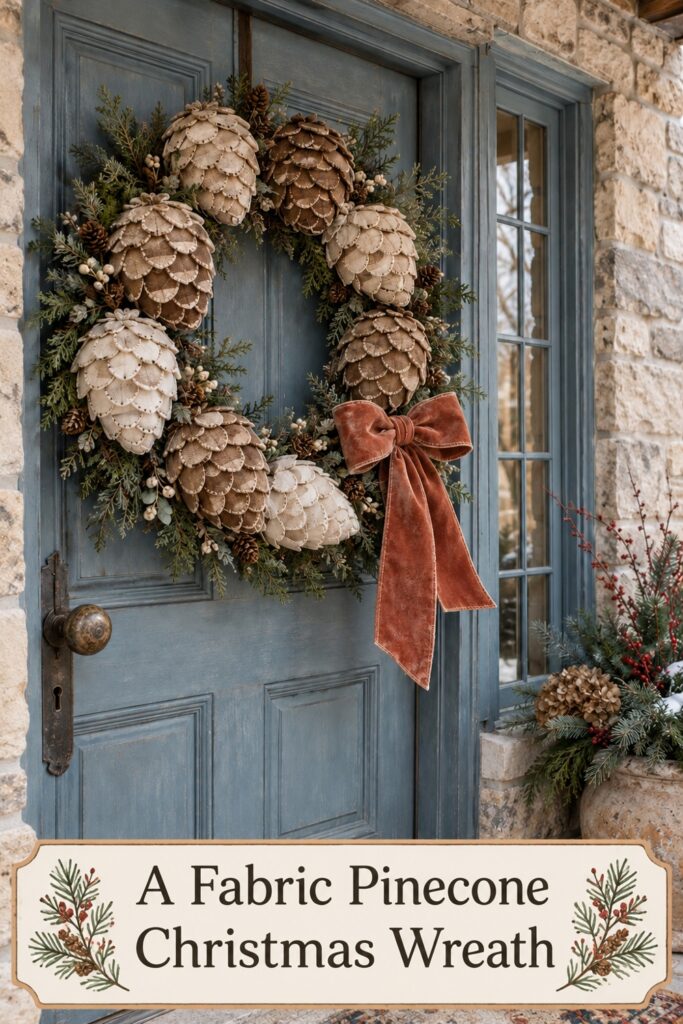 Layered fabric pinecone Christmas wreath with evergreen sprigs and a terracotta bow on a faded blue door with text A Fabric Pinecone Christmas Wreath