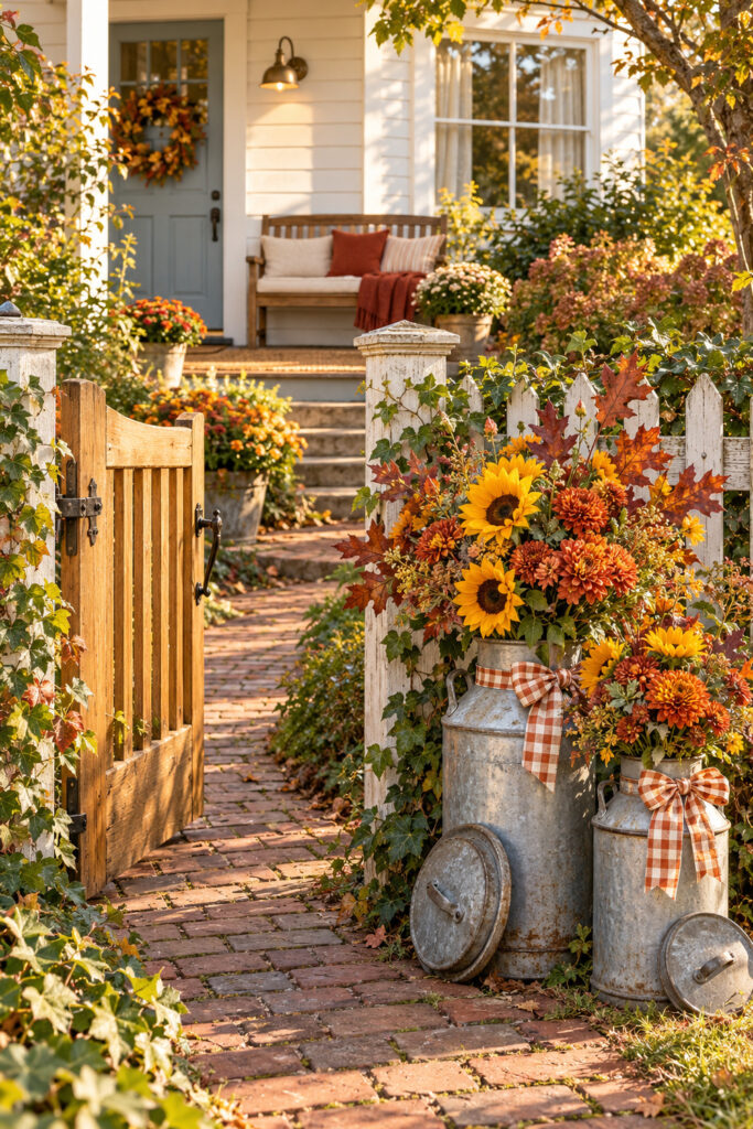 Galvanized milk cans filled with sunflowers and autumn flowers beside an open farmhouse garden gate