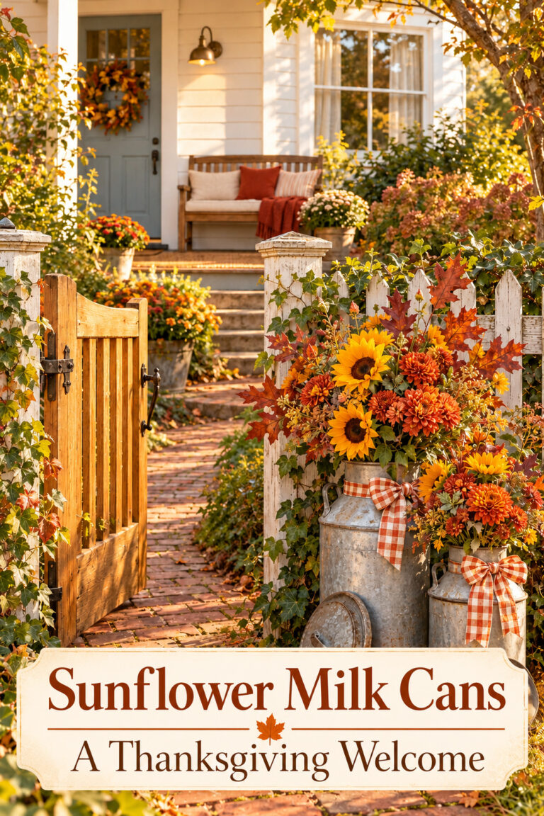 Galvanized milk cans filled with sunflowers and autumn flowers beside an open farmhouse garden gate with the words Sunflower Milk Cans A Thanksgiving Welcome