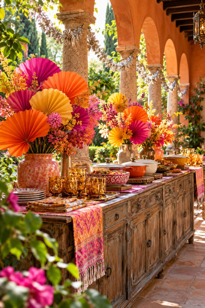 Thanksgiving buffet along a wooden courtyard sideboard with orange yellow and fuchsia paper fans flowers and amber glasses