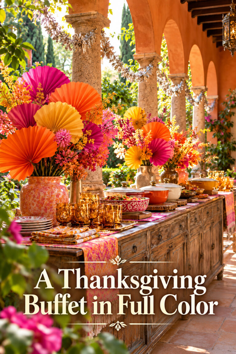 A Thanksgiving Buffet in Full Color text above the lower edge of a courtyard serving display with vivid fans and flowers