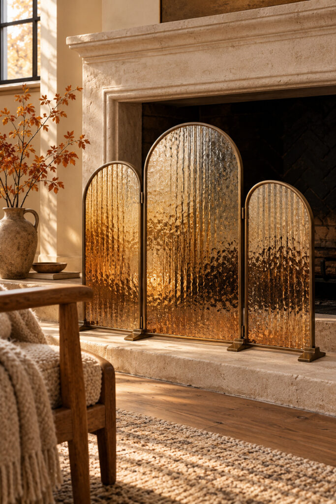 Three arched rippled amber glass panels in warm metal frames before an unlit autumn fireplace