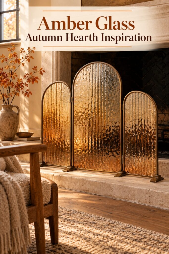Three arched rippled amber glass panels in warm metal frames before an unlit autumn fireplace with text Amber Glass Autumn Hearth Inspiration